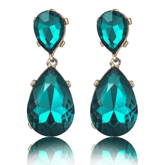 Teal Crystal Double Drop Earrings - Picture 1 of 4